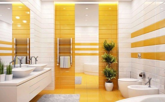 Желтая плитка в ванной. Фото