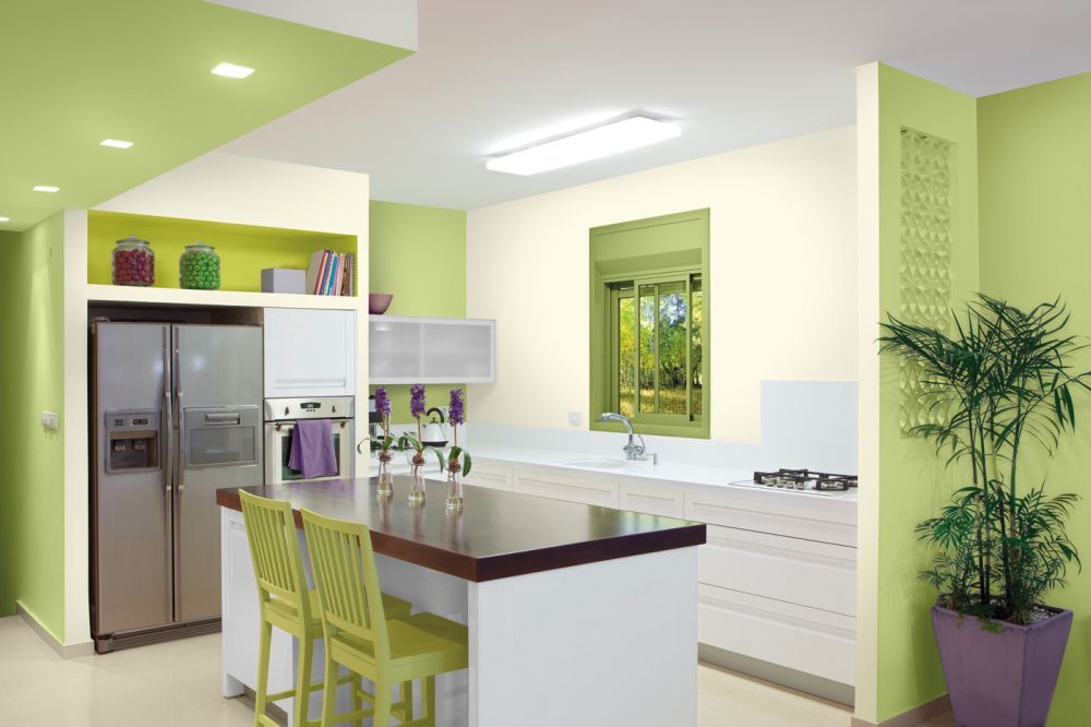 Інтер'єр кухні в зеленому кольорі виконаний фарбою Снєжка 