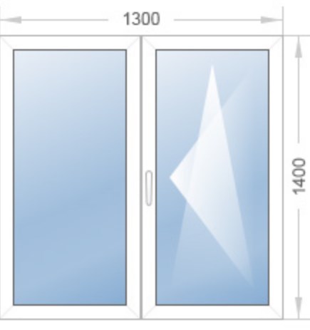 стандартное двухстворчатое окно с поворотно откидной створкой размером 1300*1400.